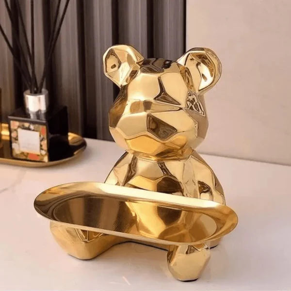 Escultura Decorativa com Bandeja Urso Geométrico - Decoração Sala